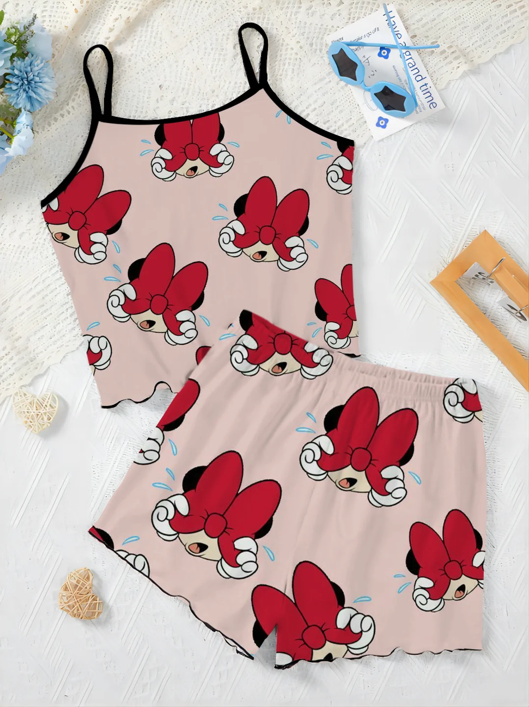 Mickey Elegant Women's Sets for Women 2 Pieces Slip Dress T-shirt Top Pajama Skirt Minnie Mouse Lettuce Trim Disney Short Suit