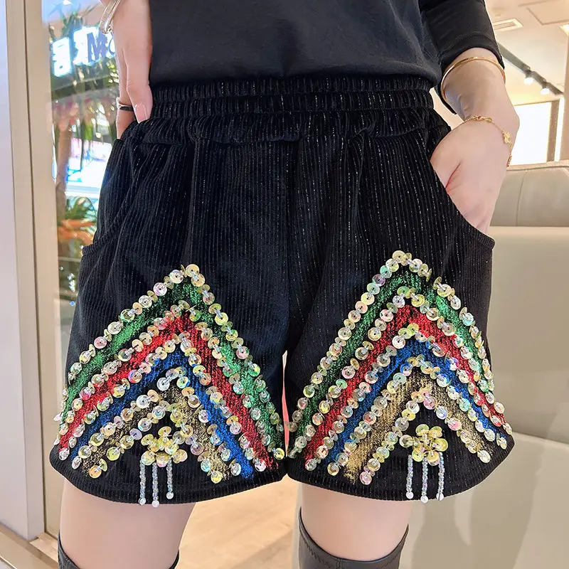 Sequin A-line Hot Pants Slimming Shorts Women's Autumn and Winter Lower Body Casual Boots Pants Heavy-duty Bottom Pants