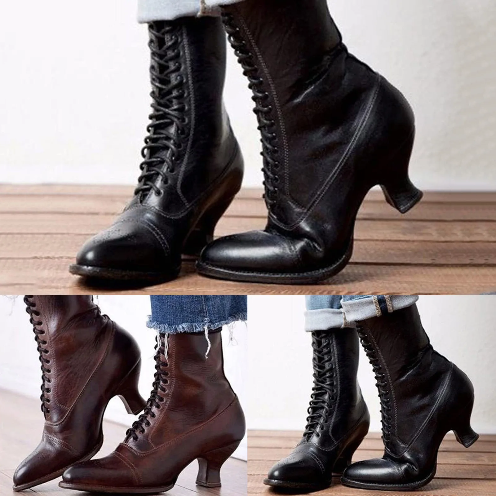 Vintage Heel Pointed LaceUp CrossTied Gothic Boots Shoes High Toe women's boots