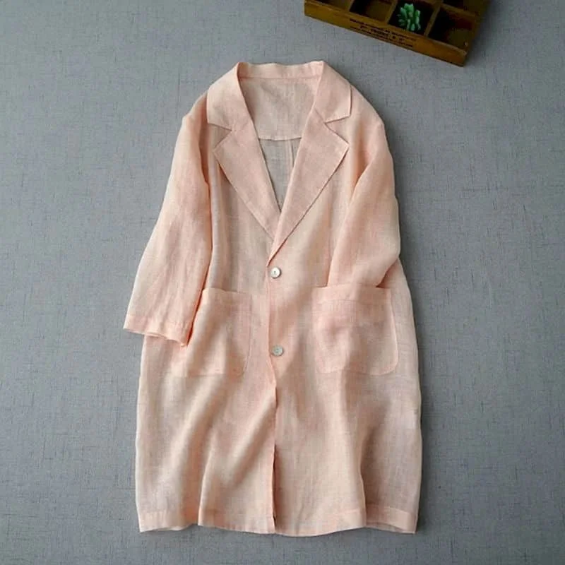 Cotton Linen Blazers for Women Vintage Long Sleeve Casual Korean Style Outerwears Mid Length Tailored Collar Coats Women Tops