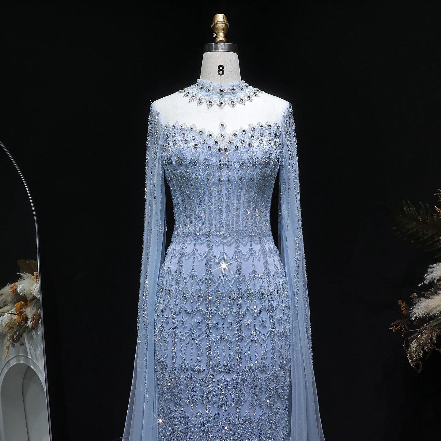 Sharon Said Luxuriöses Blaues Tüll-Abendkleid mit Cape-Ärmeln, Kristall-Pailletten, Damen-Hochzeitskleid, Partykleid, Ballkleid SS150, Maßanfertigung – Detail 5