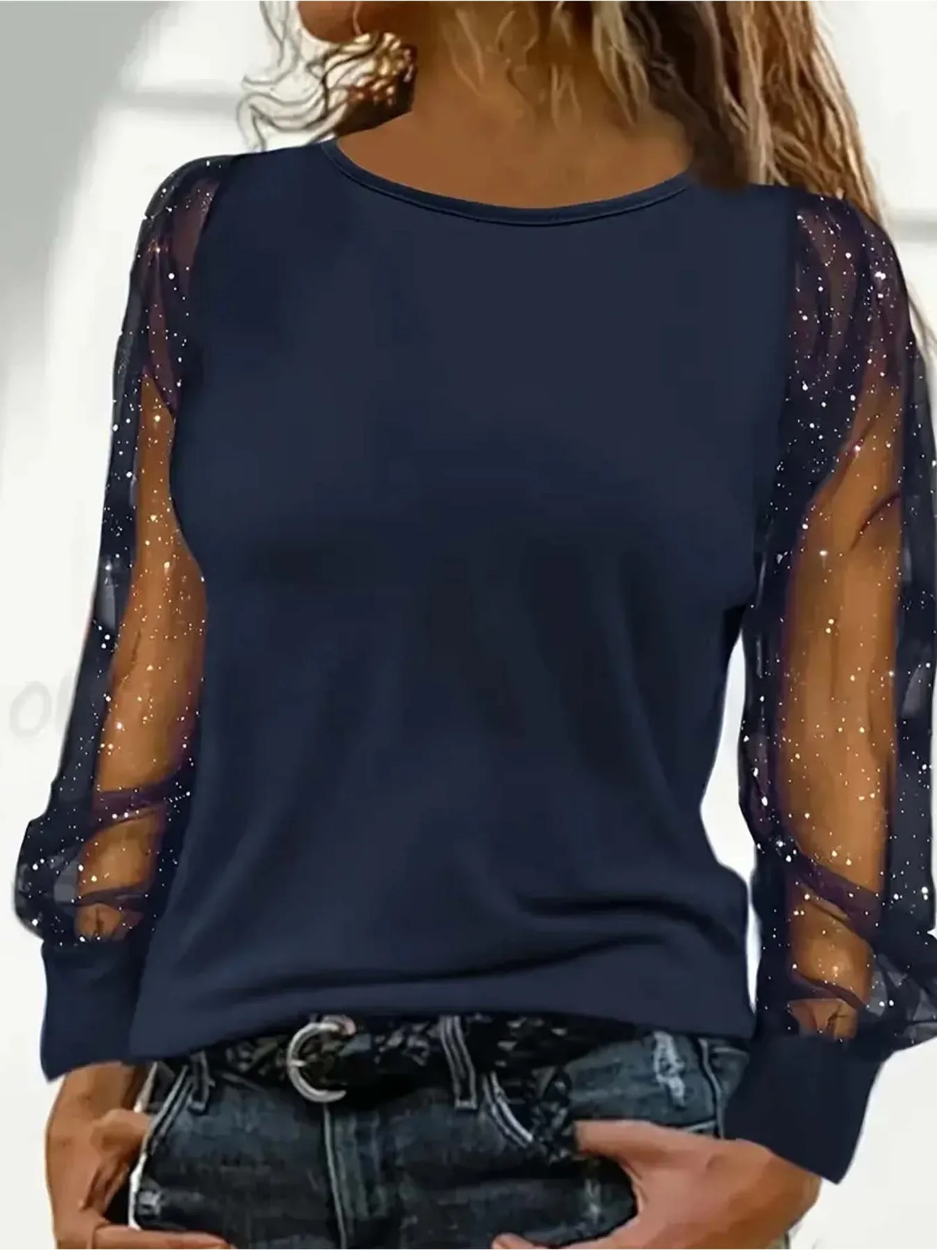

Ladies' elegant plus size T-shirt solid color casual round neck long sleeved plus size sequin details