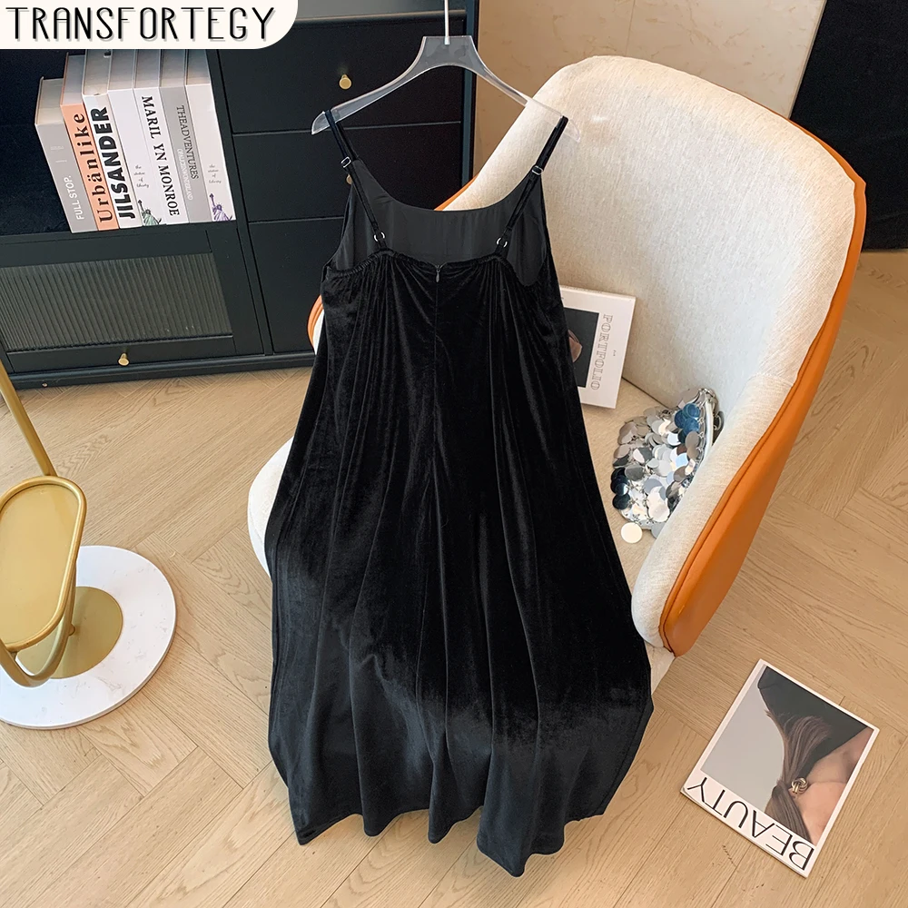 Plus size women's autumn/winter black casual loose slip dress golden velvet fabric fashion mid-length dress 2024 new clothing