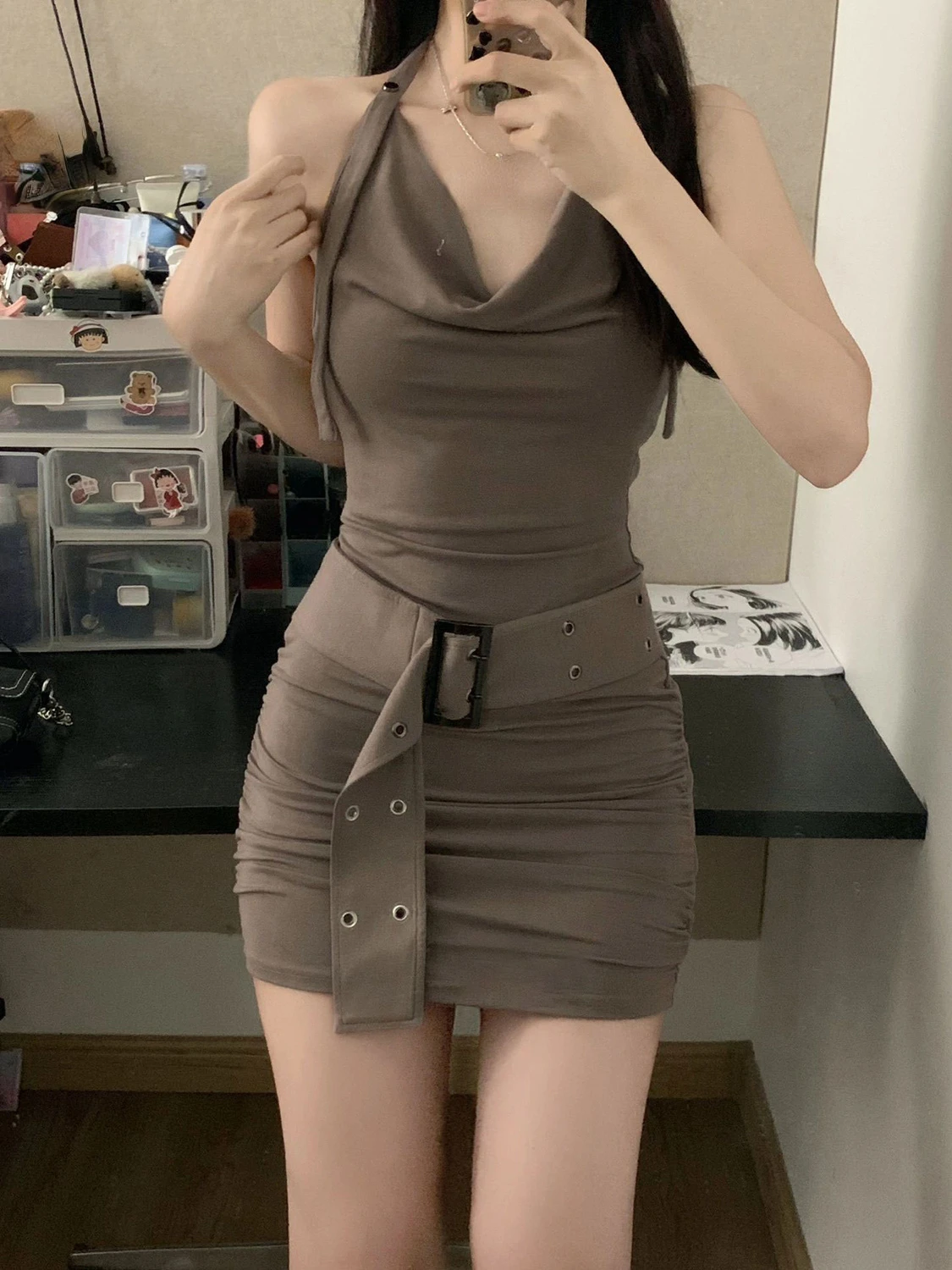 2024 Summer New V-neck Lace-up Pleated Sexy Backless Mini Dress Women Korean Solid Color Casual Halter Dress with Belt Chic