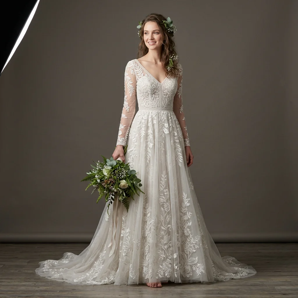 V Neck Long Sleeve Floral Lace A Line Wedding Dress Sheer Tulle Bohemian Garden Bridal Gown