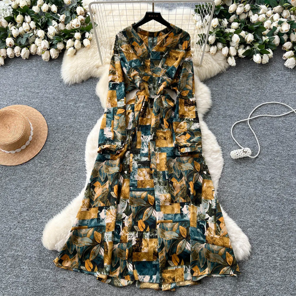 Chic vintage manica lunga scollo a V pieghettato Elegante fata moda coreana Boho abbigliamento donna Abito lungo