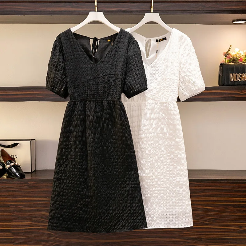 150Kg Plus Size Women\'s New Summer Bust 153cm Loose V-Neck Short Sleeve Dress Black White Big 5XL 6XL 7XL 8XL 9XL