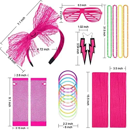 PESENAR 80s Women\'s Costume Outfit Accessories Set 80s Fancy Dress Neon Headband Earrings Fishnet Gloves Necklace for 80s Party