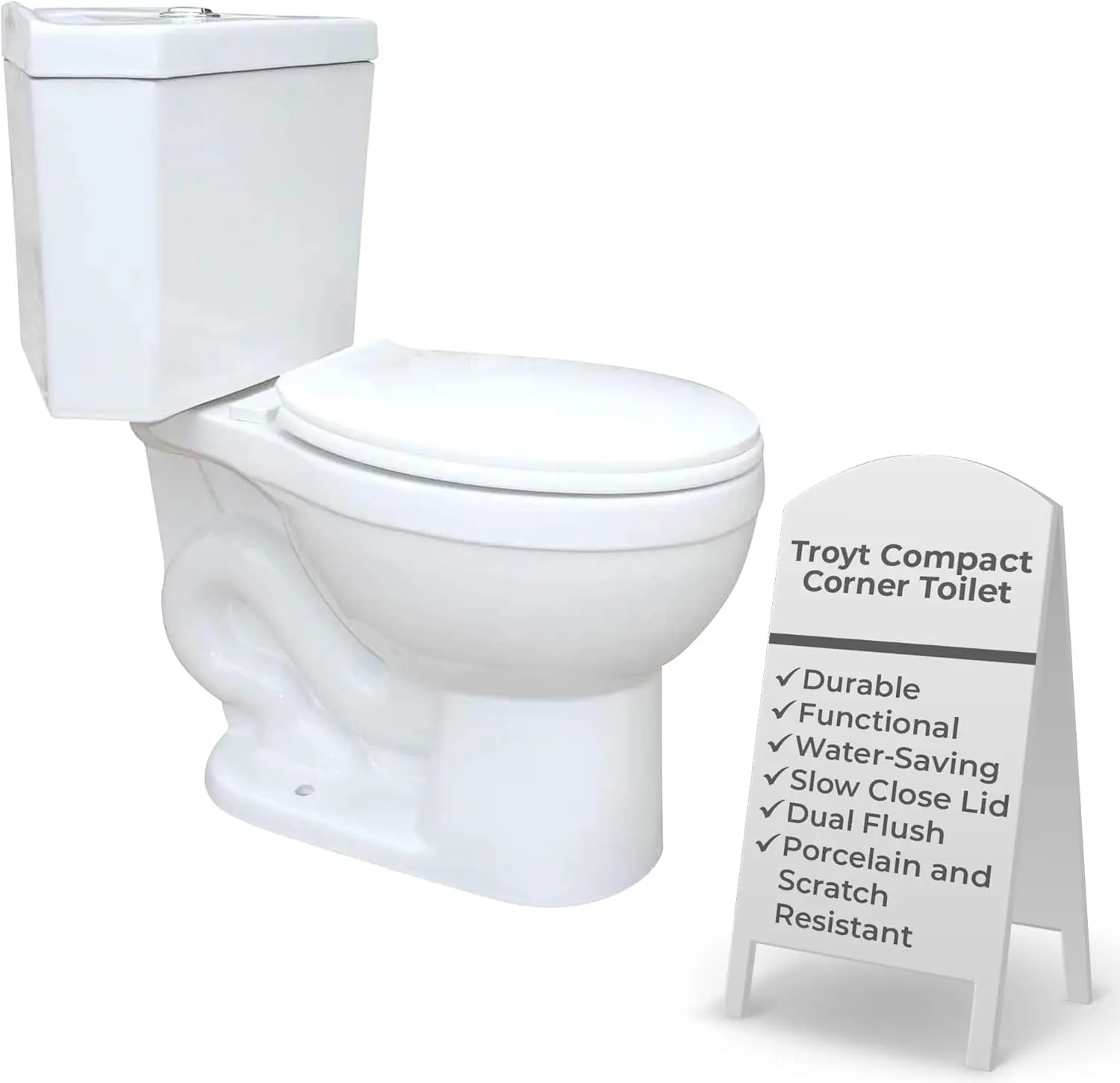 Renovators Supply Troyt Compact Corner Toilet - Heavy Duty 2-Piece Toilet - Dual Flush With Slow Close Toilet Seat - Round