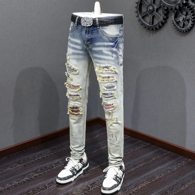 

Fashionable new light blue men's jeans, elastic slim fit, washed with water, nostalgic distressed patch jeans, high street hip-h