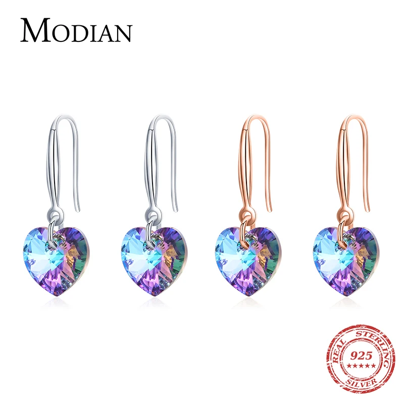 Modian Rainbow Colorful Hearts Crystal Drop Ear Real 925 Sterling Silver Romantic Charm Swing Dangle Earrings For Women Jewelry