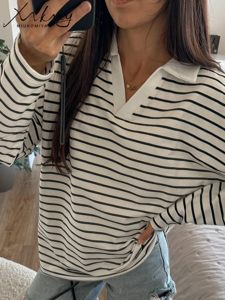 Autumn Oversized Polo Striped Sweatshirts For Women Casual Loose Long Sleeve T Shirts Striped Pullovers Women Baggy Sweatshirts