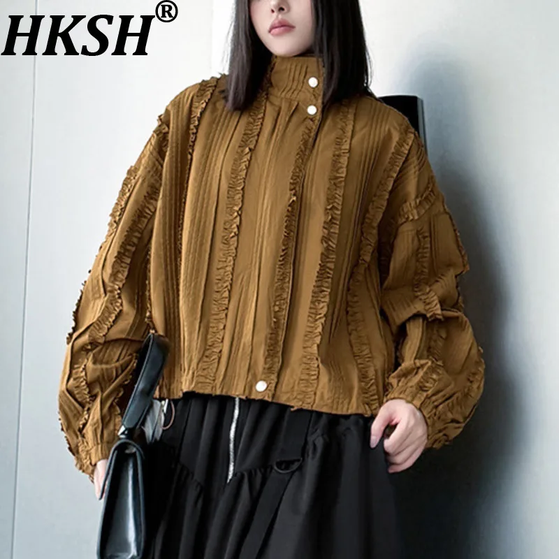 

HKSH Spring Autumn New Women Short Shirt Solid Color Stand Collar Long Sleeves Zipper Pleated Ruffled Chic Casual Blouse HK13816