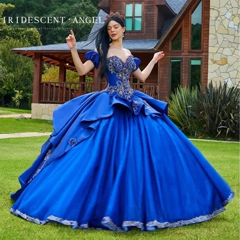 Iridescente brilhante azul real apliques camadas Lace Up Quinceanera vestidos cetim princesa Brithday dança festa Vestido De 15 Años