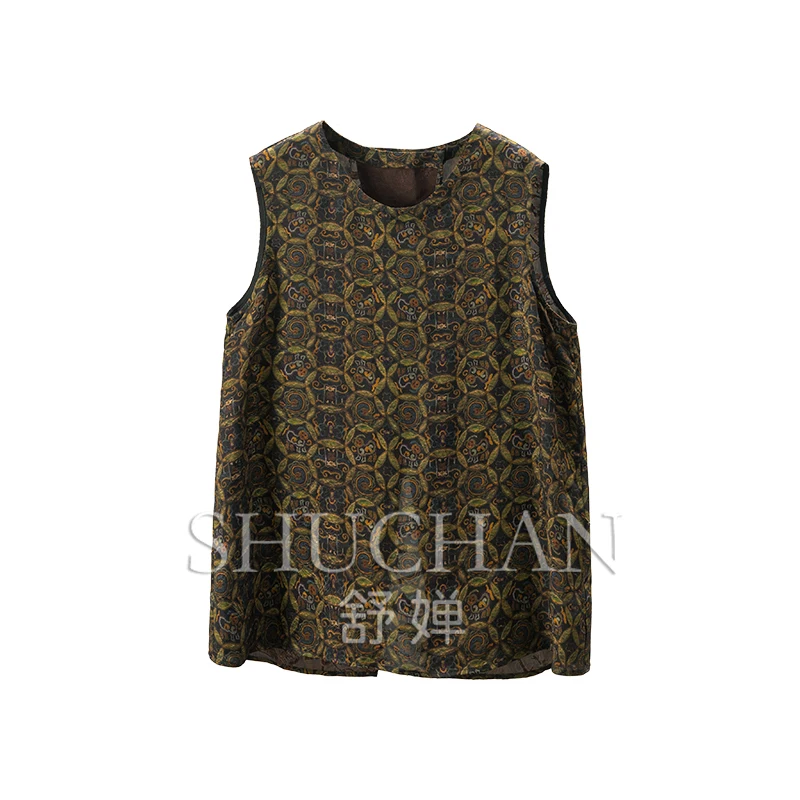 

Новый китайский стиль задний крест дизайн человеческий шелк жилет без рукавов с круглым вырезом женский укороченный топ 68A2