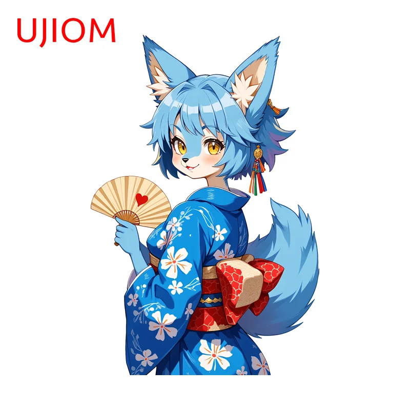 UJIOM Kimono Furry Blue Fox Wall Stickers Beautiful Artistic Skateboard Trunk Decals Attractive PVC Kitchens Accessories