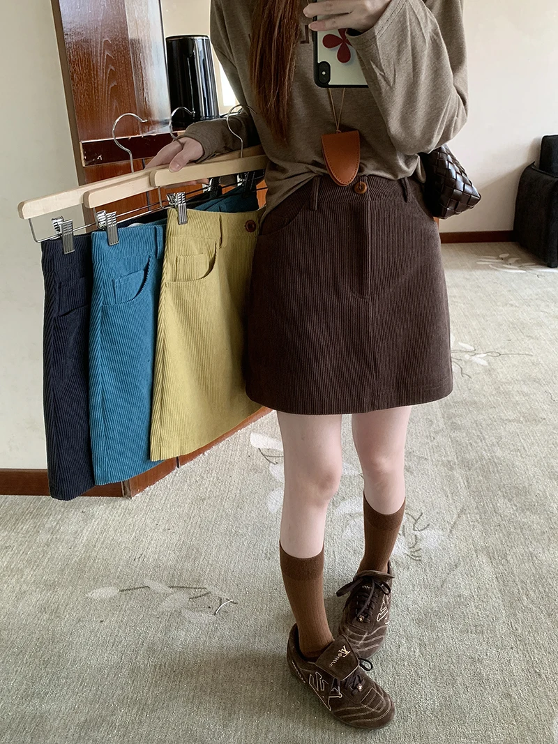 

Women's Autumn Winter High Waist A Line Corduroy Short Skirt Lady Solid Color Slim Mini Skirt