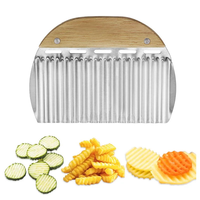 Cortador de Patatas Ondulado de Acero Inoxidable, Herramienta para Cortar Patatas con Mango de Madera, Utensilios de Cocina, Cortador de Patatas Grande con Diseño Ondulado