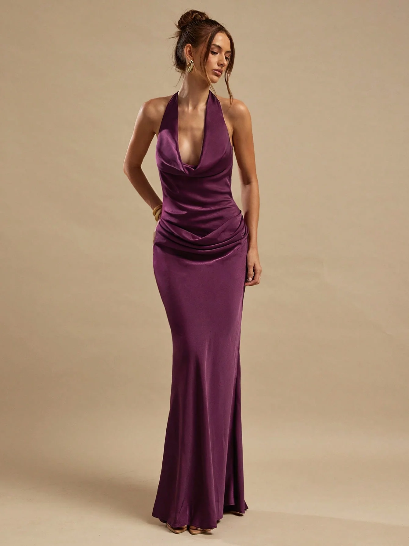 

Customizable sexy purple satin slim dress, cowl neck formal evening dress, halter neck pleated ball gown, wedding party dinner
