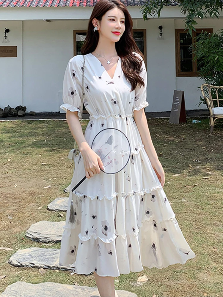 2025 White Chiffon Foral Chic Ruffled Casual Long Dress Summer Boho Elegant Holiday Dress Women Korean Bodycocn One Piece Dress