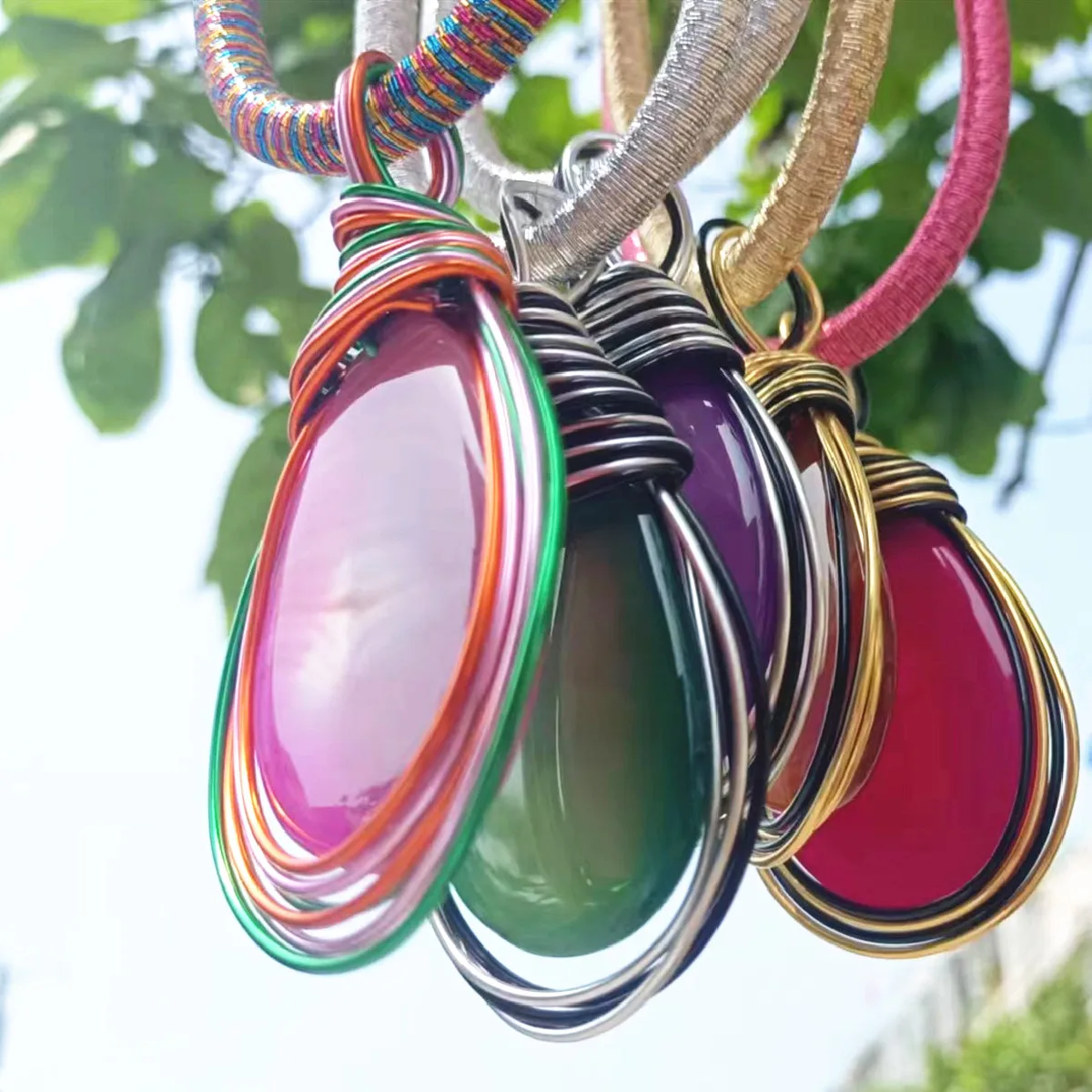 Big Natural Stone Green Purple Black Blue Orange Pendant Handmade Trendy Neon Women Fashion Summer Necklaces Jewelry