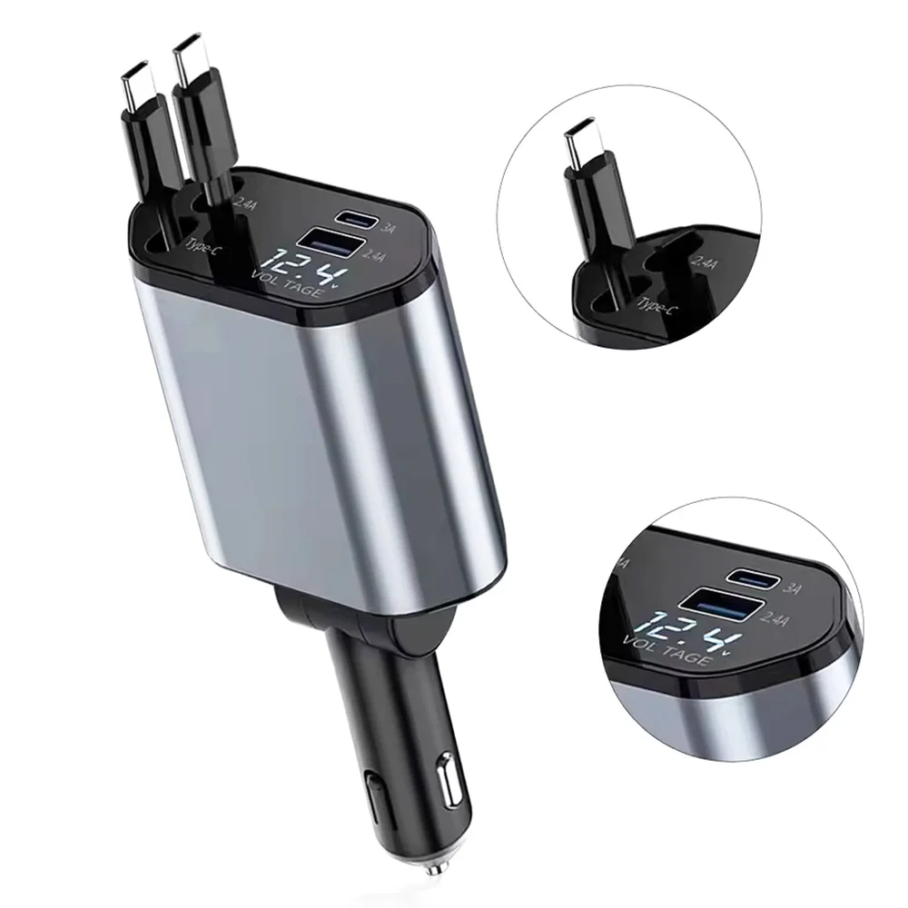 

Складное автомобильное зарядное устройство 4-в-1 с 2 кабелями типа C, адаптером для быстрой зарядки USB-C для мобильных устройств и смартфонов