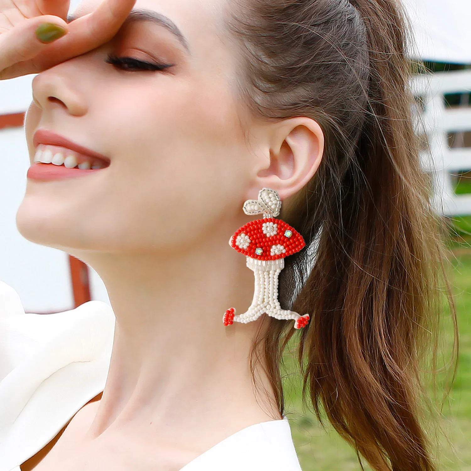 

Beaded earrings Mushrooms Originality Cartoon Hand knitting Design Bohemia Alloy Fashion Simple Adjustable Rice bead earrings