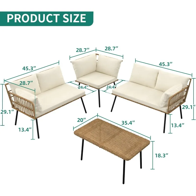 4 Pieces Patio Furniture Set, Outdoor Rattan Woven Conversation Sectional L-Shaped  with 5 Seater,Cushions and Side Table -Beige