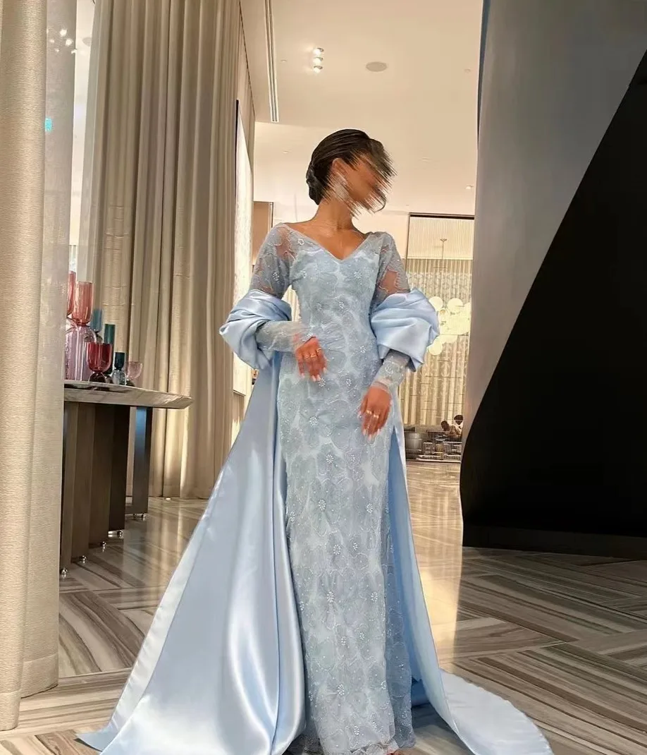 Embroidery Lace Beads Prom Dresses Long Sleeves V-neck Floor-length Evening Dress Vestidos De Fiesta Elegantes Para Mujer 2023