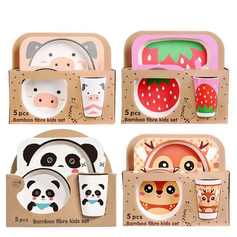 Kids Lunch Box Bamboo Fiber Children\'s Tableware Set Creative Cartoon Bowl Split Dining Plate Spoon Fork Cup 5PCS Set Tableware