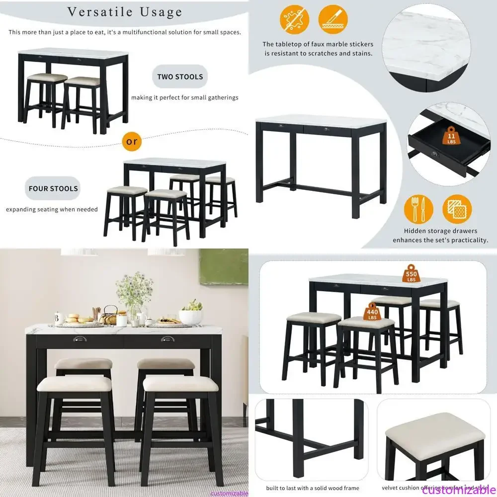 

Merax 5-Piece Wooden Dining Set with Compact Modern Kitchen Bar Table and Chairs Featuring Storage Drawers and Faux Marble Top