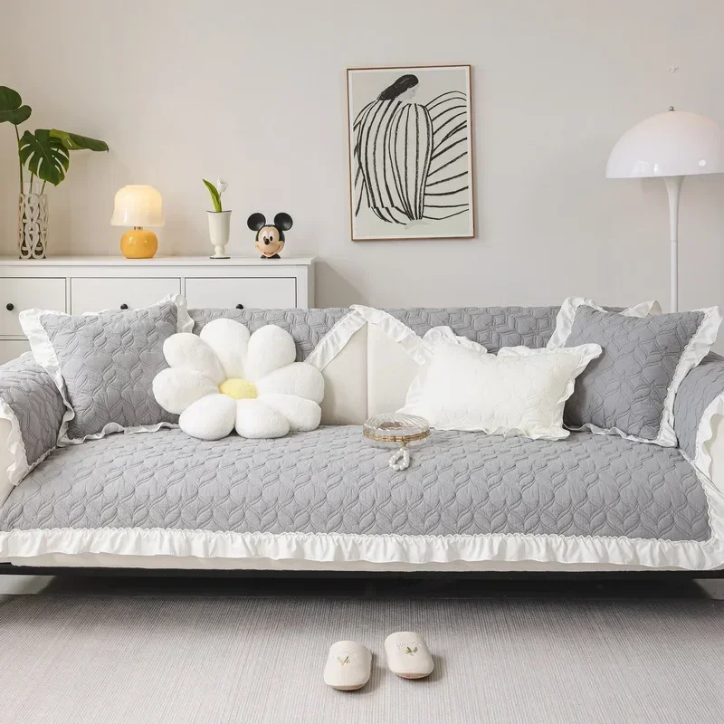 Cotton Sofa Cushion Non-slip Four Season Sofa Cover Solid Color Cream Style Living Room Furniture Protector Backrest Towel Cover