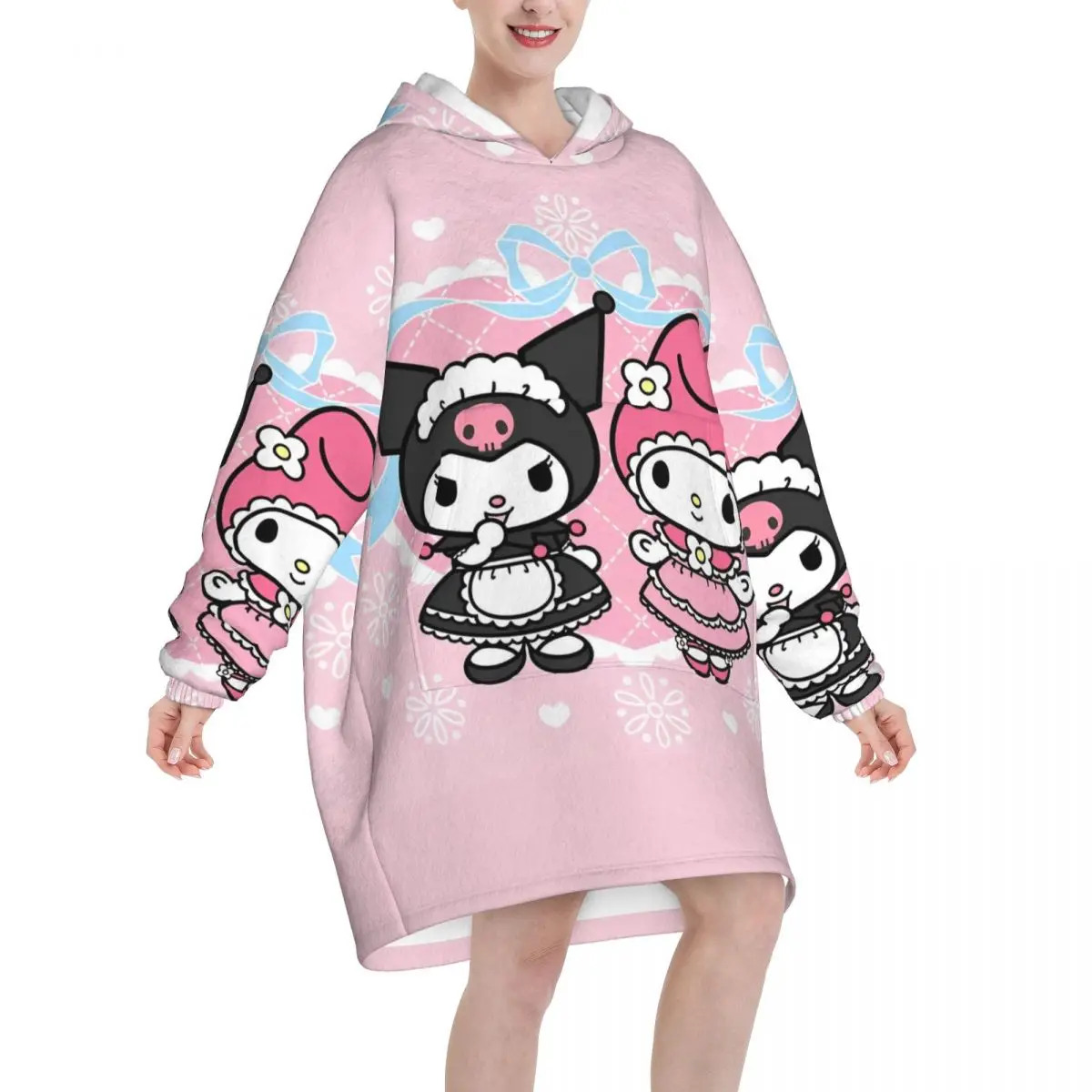 My Melody And Kuromi Blanket Hoodie Wearable Cute Cartoon Blanket Large with Pocket Warm Sleeping Bag Soft Cozy Onesie