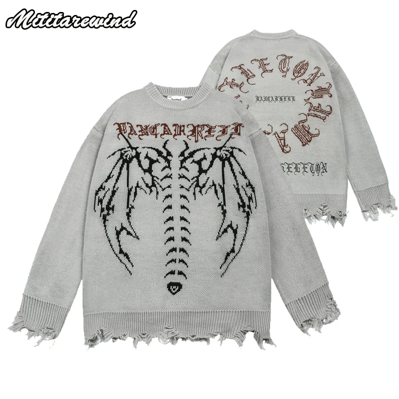 

Hip Hop Streetwear Vintage Sweaters for Men Skeleton Wings Printed Oversized Y2k Sweater for Women Knitwear Ripped Pullovers