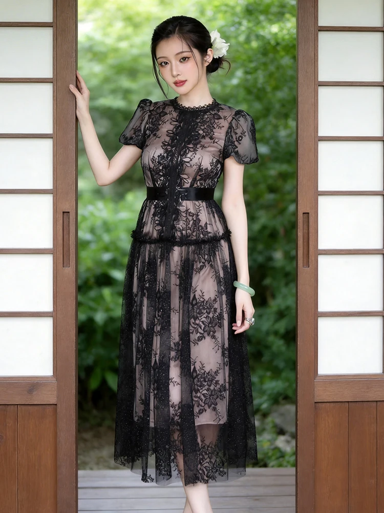 

New Elegant Black Lace Midi Dress Women Summer Puff Sleeve Sheer Mesh Slim A-Line Vestidos Robe Casual Office Formal Party Daily
