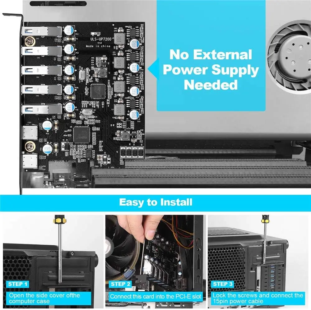 PCI-E to USB 3.0 7-Port (2X USB-C - 5X Type-A) Expansion Card, USB C PC Card Internal Port Hub for Desktop PC Host Card