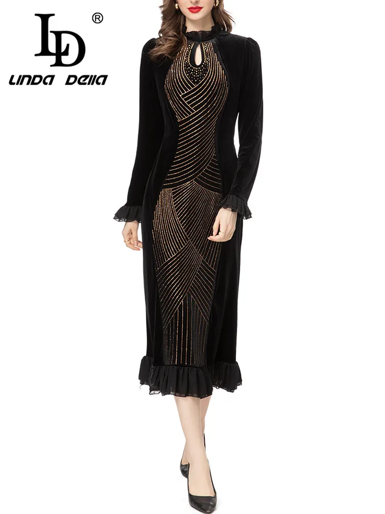 

LD LINDA DELLA Autumn winter Fashion Designer Dress Women's Black Long Sleeve Splice Belt Irregularity Nail Bead Slim Fit Dress