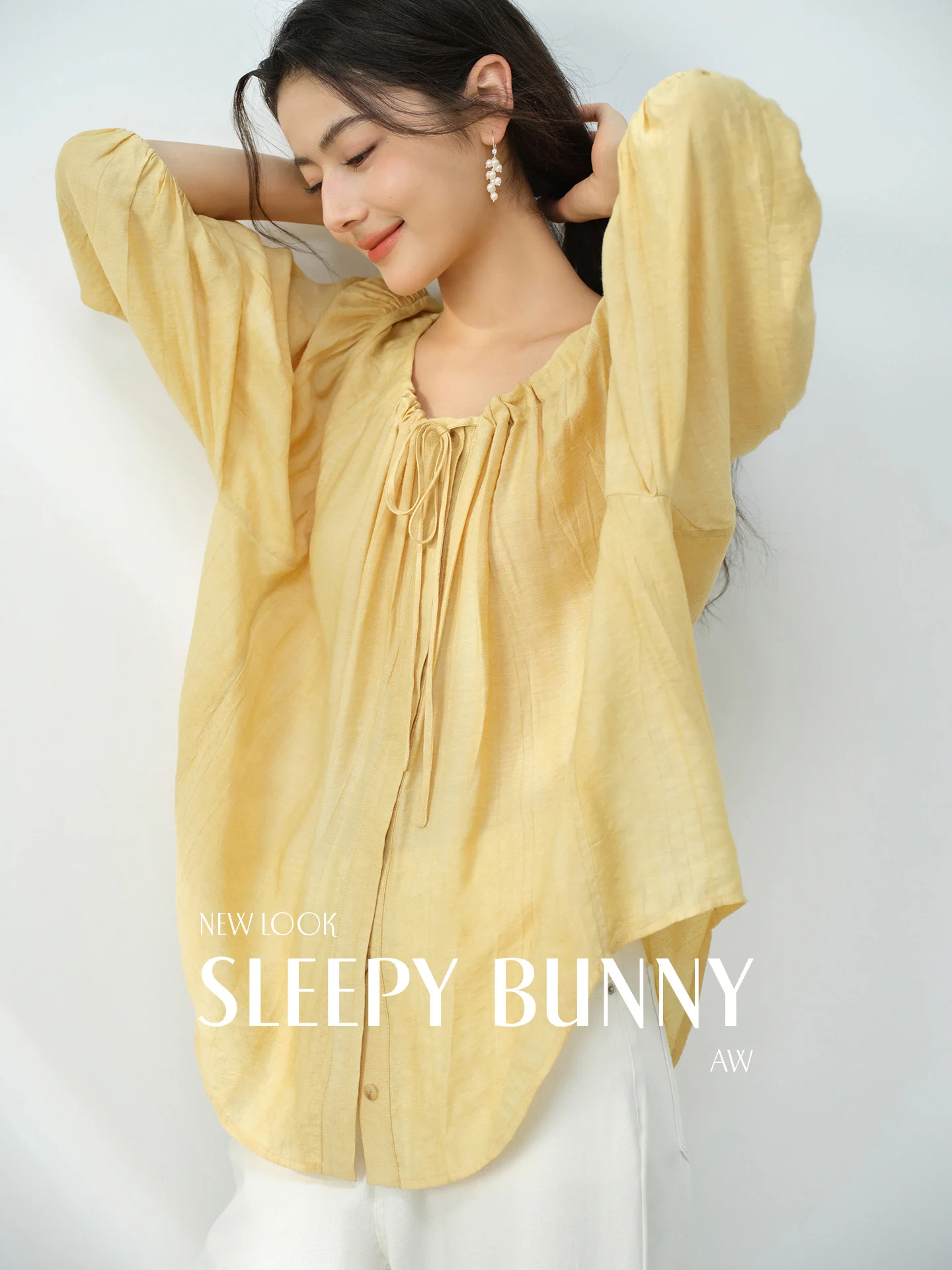 

Loose Elegant Lantern Sleeve Tie Neck Blouse Top Summer Casual Oversized Shirt Women Flowy Lightweight Youthful Babydoll Style