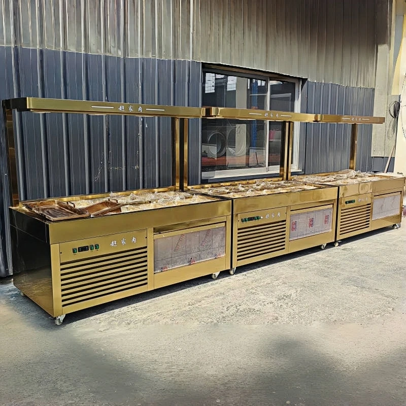 خزانة عرض ذات طبقات ذهبية تدعم الرذاذ - قابلة للتخصيص لعرض مكونات المطاعم الساخنة والشواية