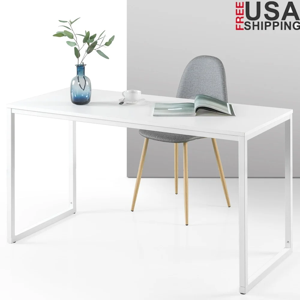 

Modern White Frame Desk Sturdy Metal Construction Easy Assembly Perfect Home Office Bedroom Workspace 55 x 29 Inches