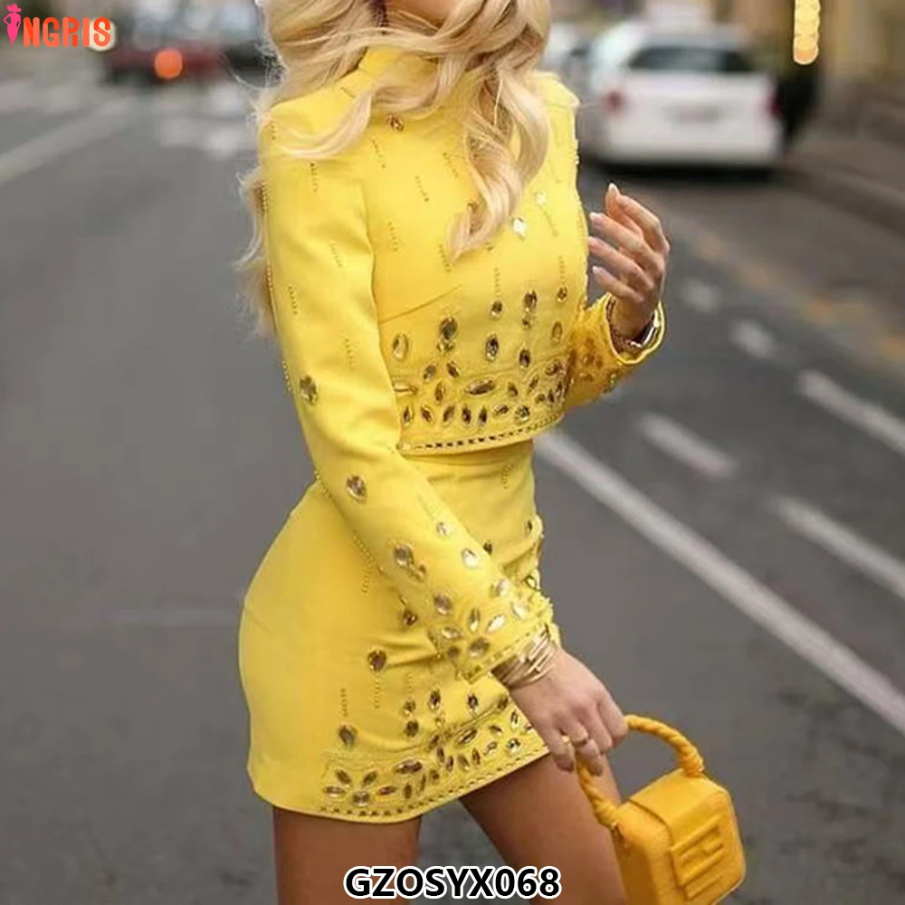 

Fashion 2025 Runway Designer Suit Set Women's Rhinestone Diamonds Beading Cropped Top Mini Skirt Set 2pcs-GZOSYX068