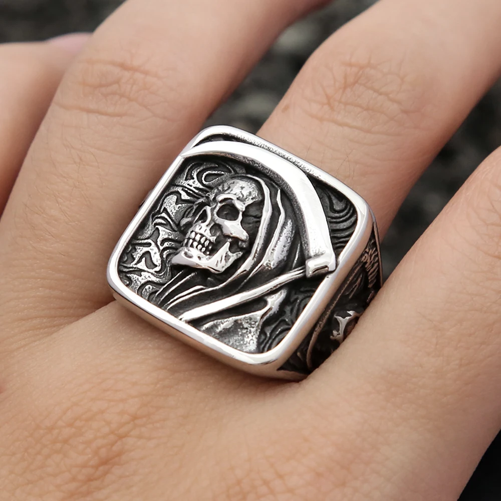 Vintage Stainless Steel Death Sickle Skull Rings For Men Punk Hip Hop Domineering Skull Ring Party Biker Jewelry Gifts Wholesale