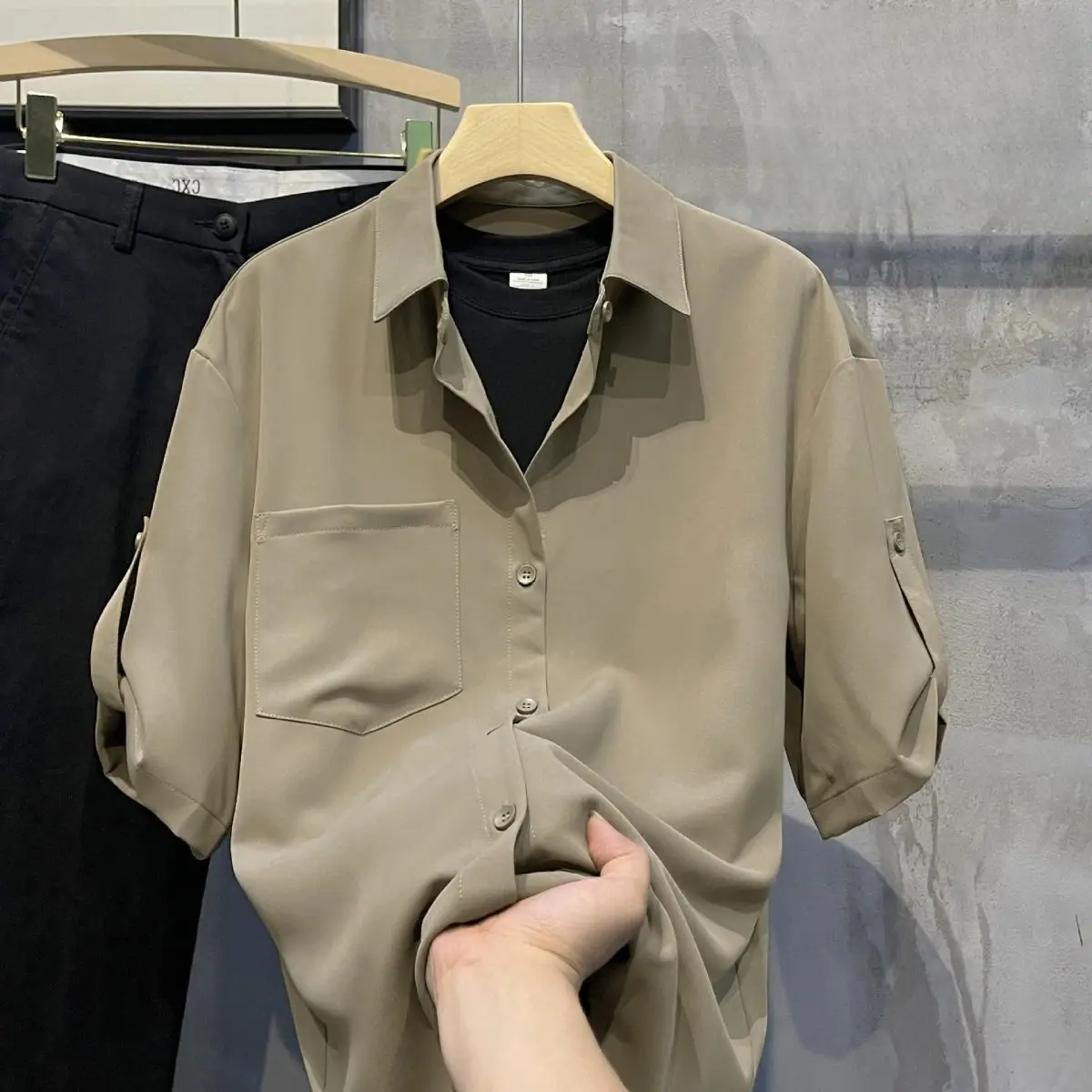 Summer Men's Cotton Short Sleeve Shirt Vintage Casual Beach T-shirt Breathable Oversize Streetwear Collar Tshirts with Pocket