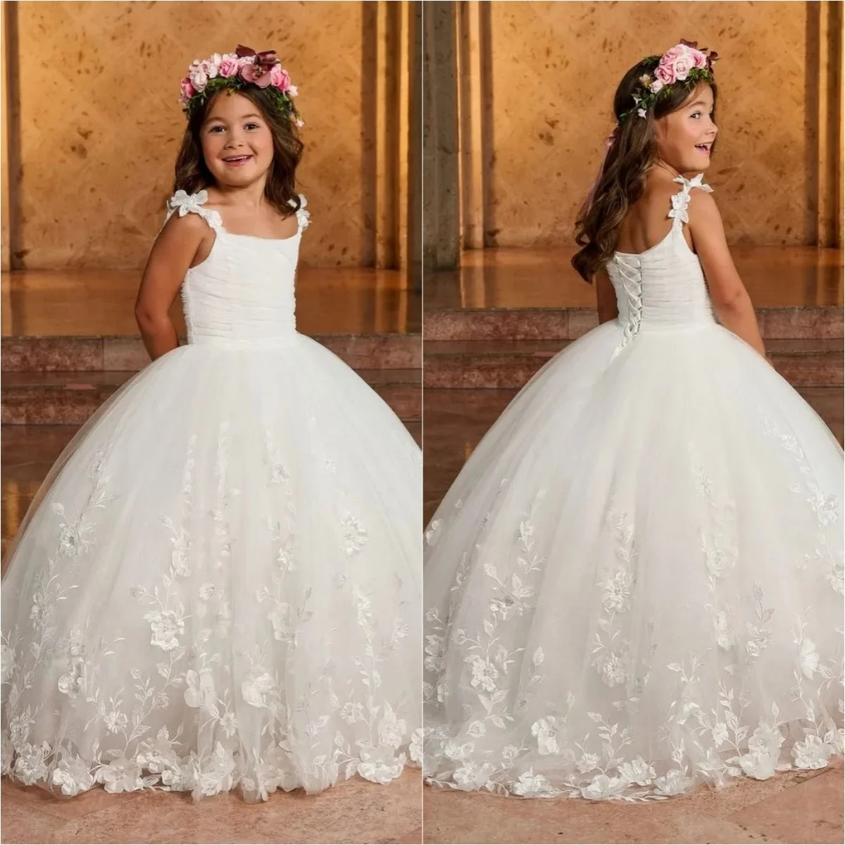 White Flower Girl Dresses for Wedding 3D Floral Appliques Floor Length Girl Kids Birthday Party First Holy Communion Gowns