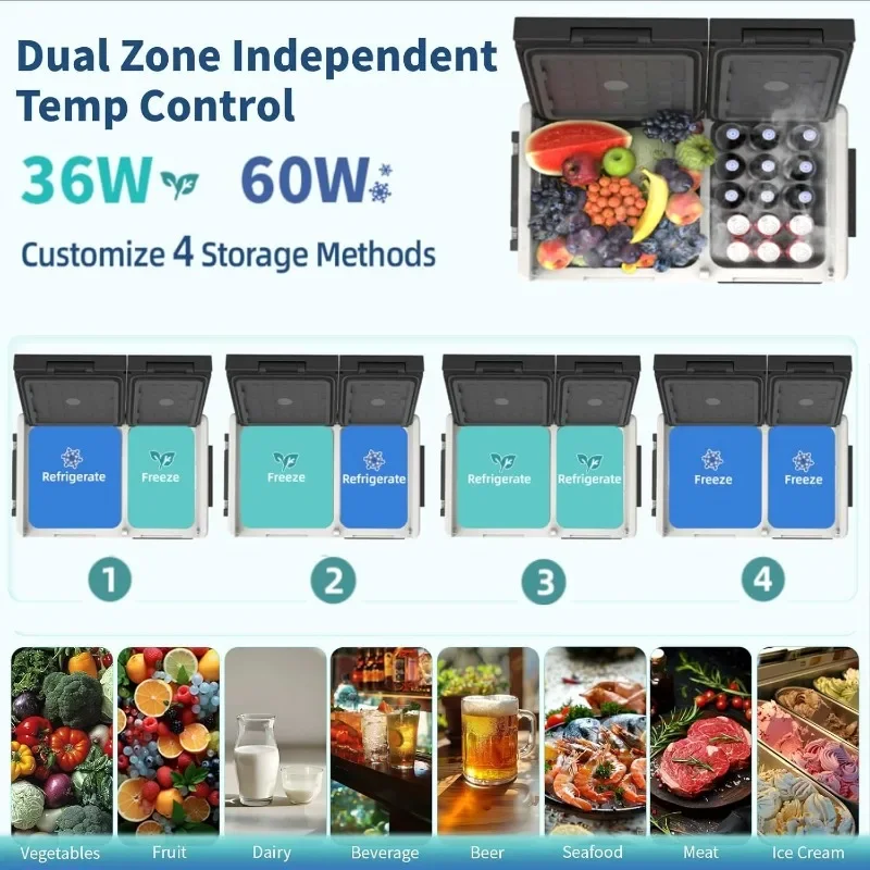 Refrigerador para automóvil de 12 voltios, congelador portátil para automóvil de doble zona de 53 cuartos y 12 V (4 ℉ ~68 ℉ ), Refrigerador eléctrico con compresor