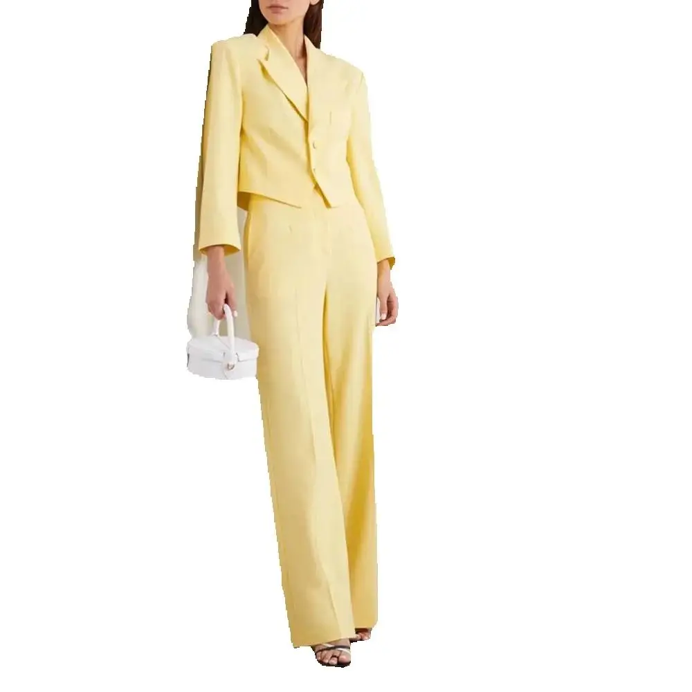 Pretty Light Yellow Suits for Women Single Breasted 2 piece Jacket Pants Female Clothing Slim Fit Office Lady Blazers Sets