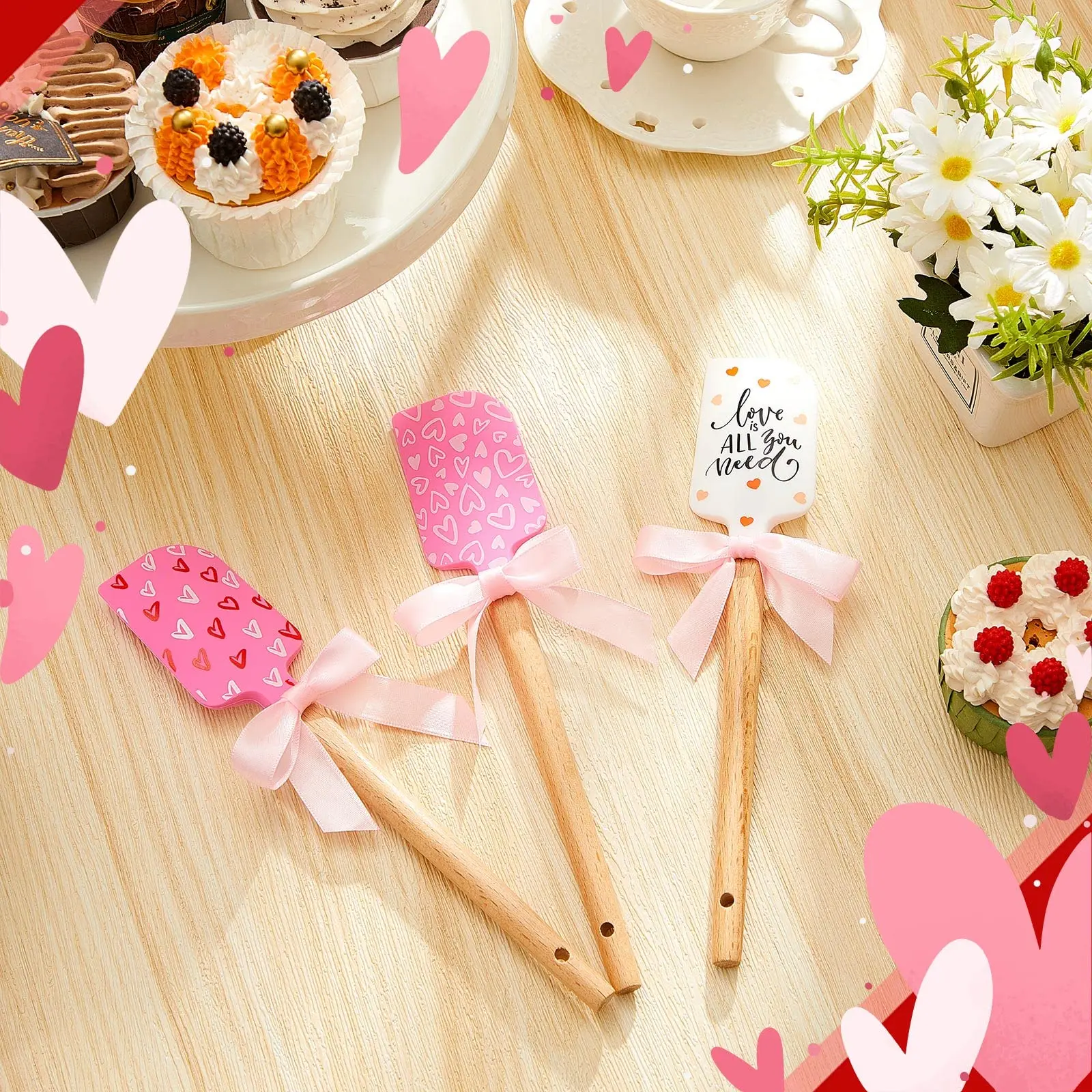 

IK 3PCS Valentine Silicone Spatula with Wooden Handles Heat Resistant Cake Spatulas Cream Scrapers for Baking Cooking Sauteing