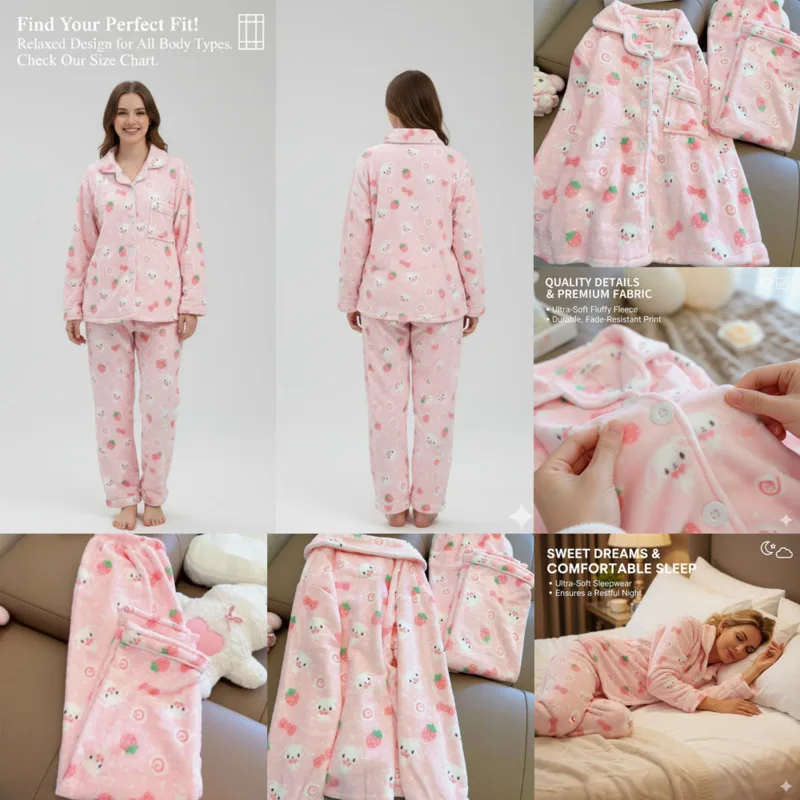 Bunny Strawberry Pajama Set Girls Y2K Pink Cartoon Sleepwear Thick Fleece Warm Homewear Suit Cute Sweet Winter Pajamas Suit New