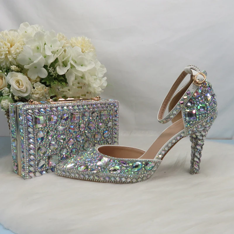 

2021 new fashion luxury AB color bridal wedding shoes with bag ladies high heel sandals party pointed shoes