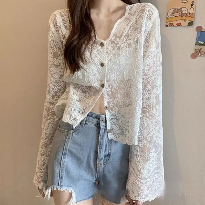 Women Korean Lace Flare Long Sleeve Blouse V-Neck Button Down Cropped Cardigan Hollow Crochet Floral See Through Thin Shirts